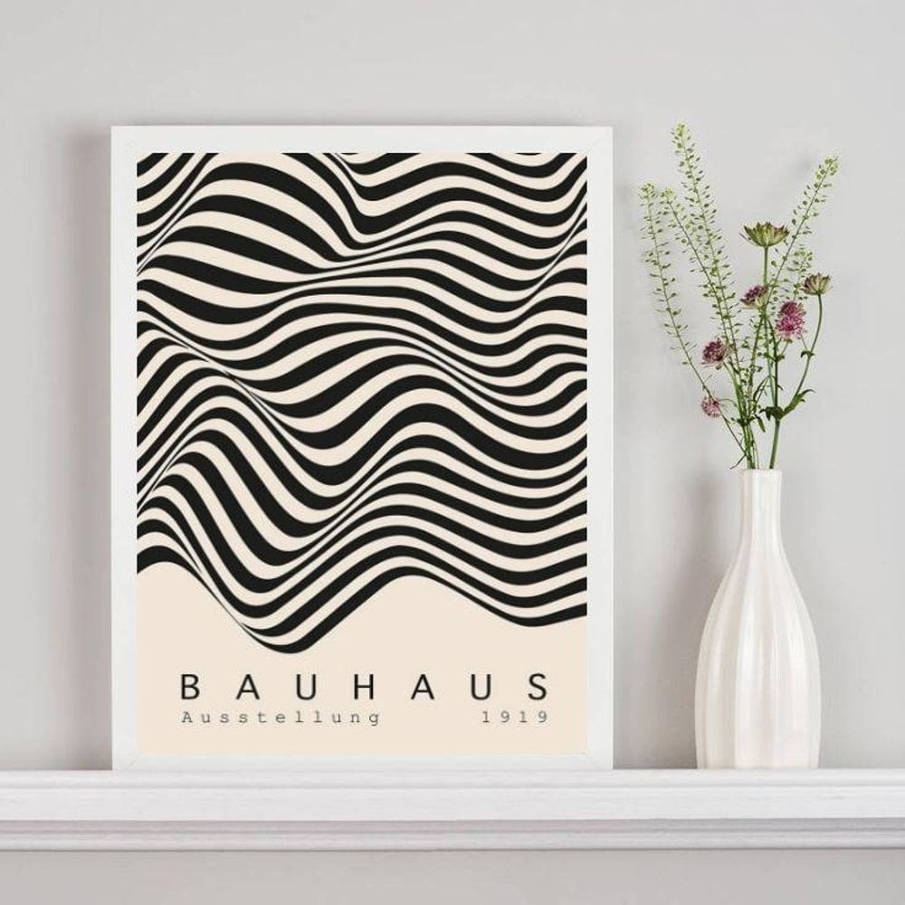 Quadro Bauhaus Ondas Bege Com Preto 45X34Cm