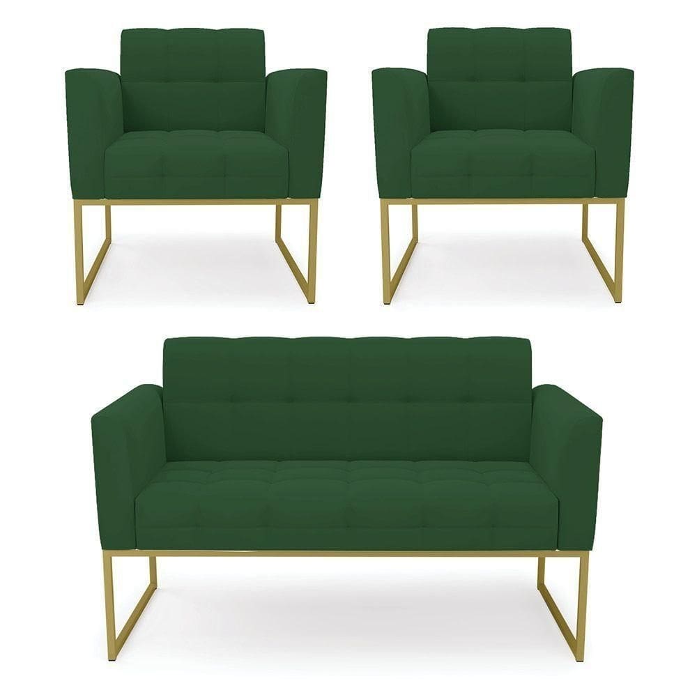 Kit 1 Sofá Namoradeira E 2 Poltronas Elisa Veludo Base Metálica Industrial Dourado - D`rossi Cor Verde