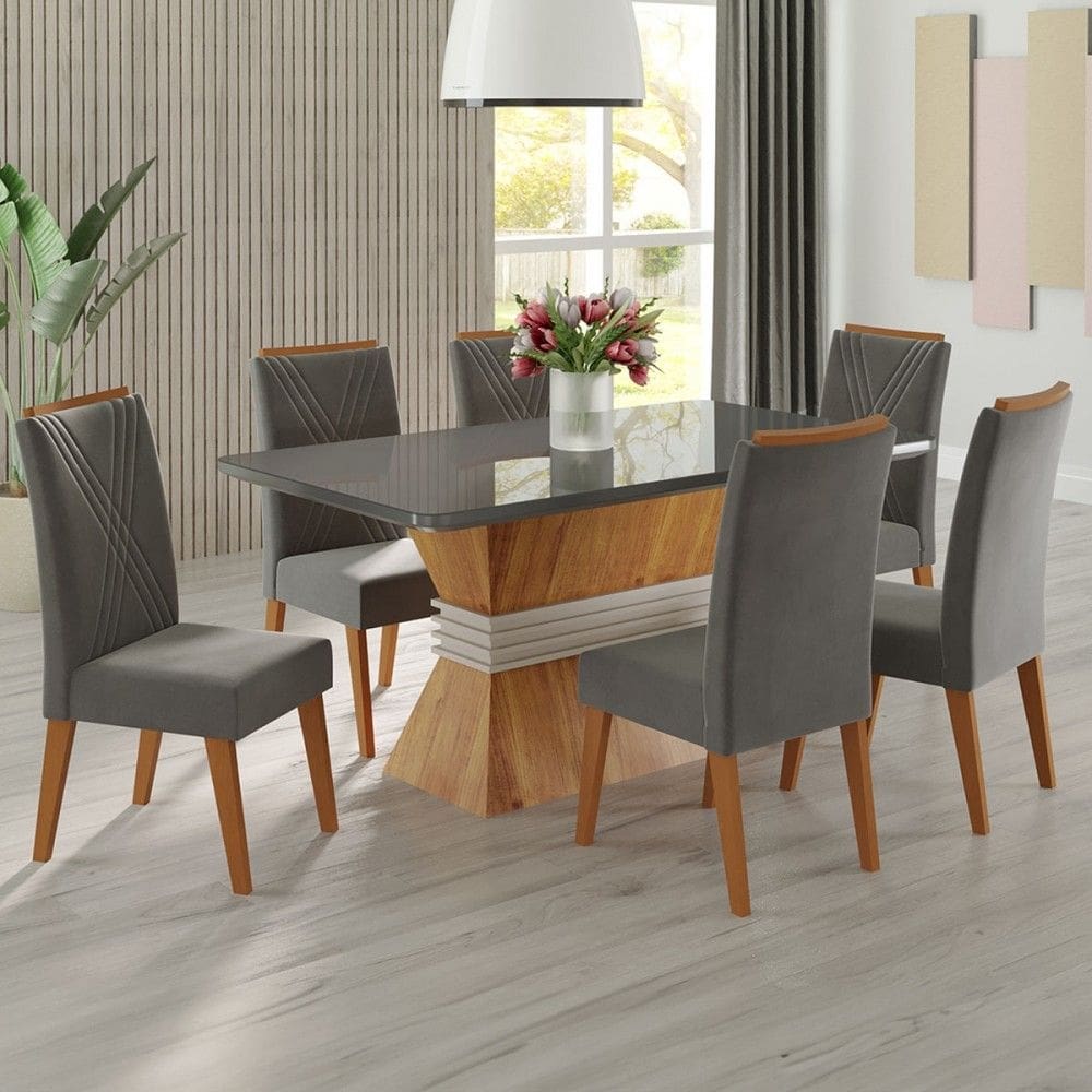 Mesa de Jantar 6 Lugares Brotherhood com Vidro Grafite - Panorama Móveis