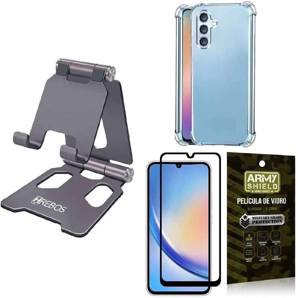 Kit suporte hrebos p/ smartphone - capinha antishock galaxy m14, película vidro 3d, suporte 360 - cinza