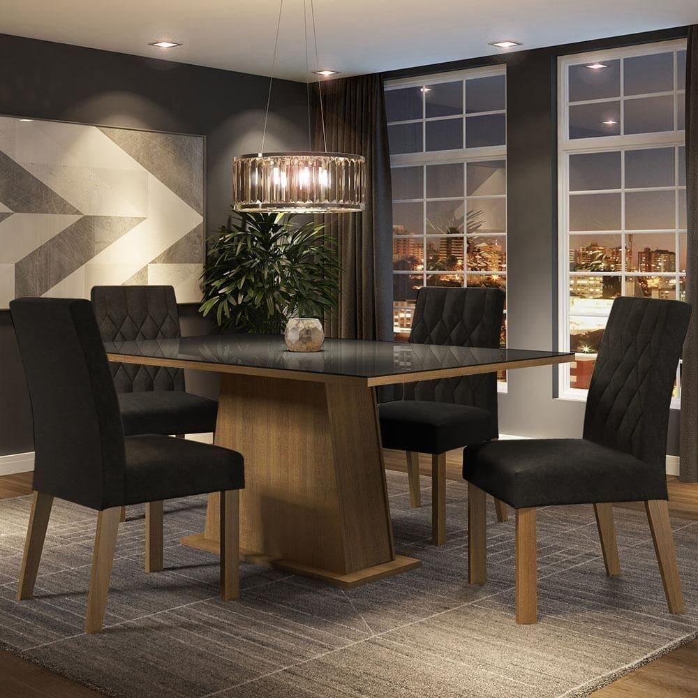 Sala De Jantar Mesa Tampo De Vidro 4 Cadeiras Rustic-preto-oxford Aryeli Madesa Rustic-preto-oxford