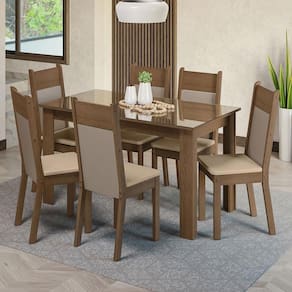 Sala De Jantar Mesa Tampo De Vidro 6 Cadeiras Rustic-crema-bege Dora Madesa Rustic-crema-bege