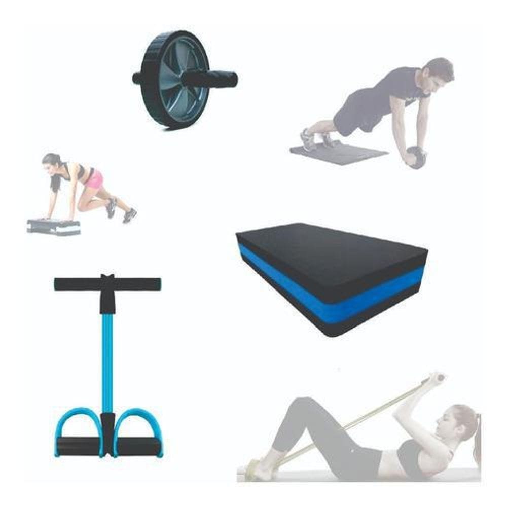 Kit funcional em casa step +roda abdominal+extensor elástico