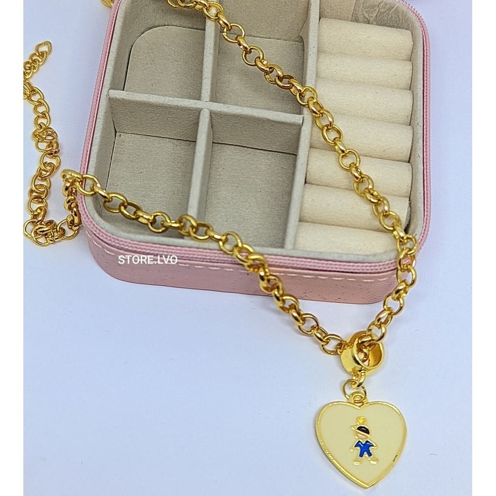 Colar Filhos Corrente Elo Português Folheado Ouro com Pingente Coração Madrepérola Menina Menino Cordão Mães Presente