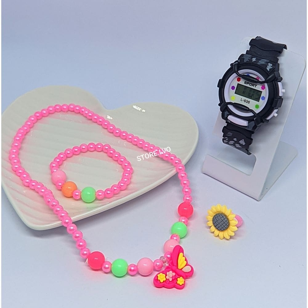 Kit Relógio Infantil Digital Menina Esporte Watch + Conjunto Colar e Anel Florzinha Borboleta Coração Miçangas Pérolas