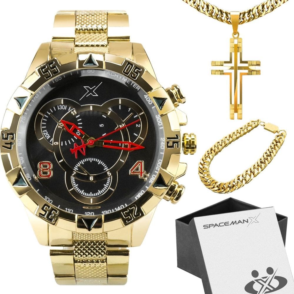 Relogio masculino banhado aço + caixa + pulseira + corrente
