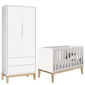 Berço Americano e Guarda Roupa Classic 2 Portas Branco com Pés Madeira Natural – Reller