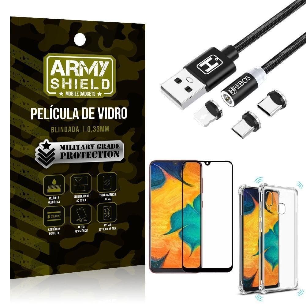 Capinha samsung a20 + cabo magnético 2m + pelicula 3d army