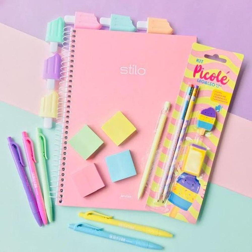 Kit papelaria picolé 2.0 fofo tons pasteis caderno canetas