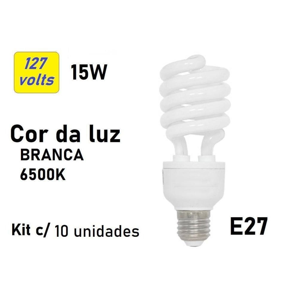 Kit 10 Lâmpadas Compacta Espiral 15W 127V E27 Branco Frio