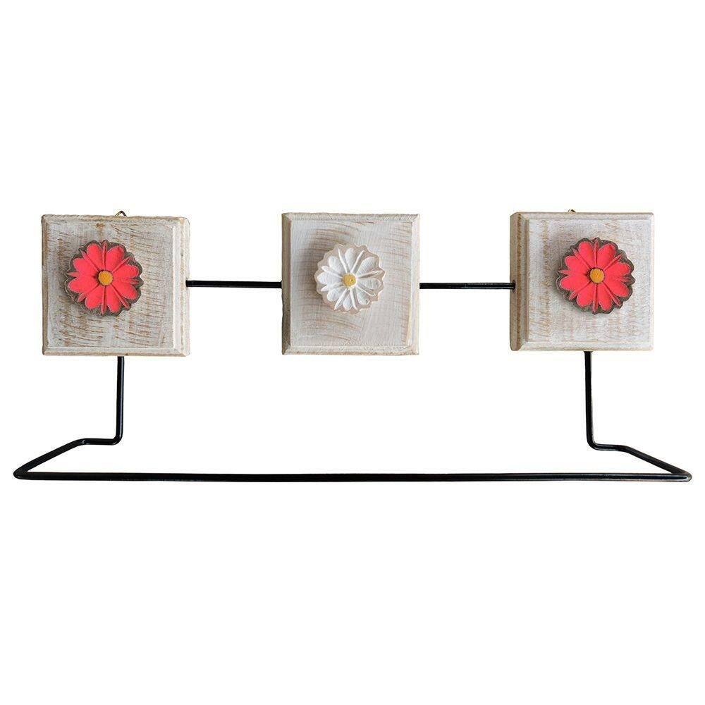 Toalheiro Ferro E Madeira Artesanal Flores Coloridas Cor Vermelho