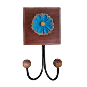 Toalheiro Cabideiro Duplo Flor 3d Rústico Artesanal Ferro Cor Azul
