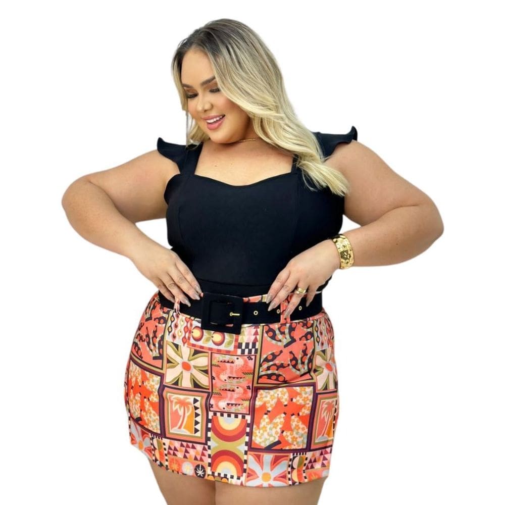 Conjunto Feminino Plus Size Cropped Short Saia Estampado