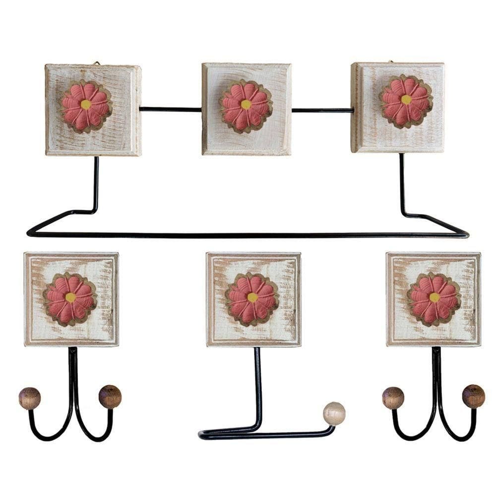Kit Banheiro Com 2 Toalheiros Duplos + Porta Papel Higiênico + Toalheiro Rustico Artesanal Cor Rosa