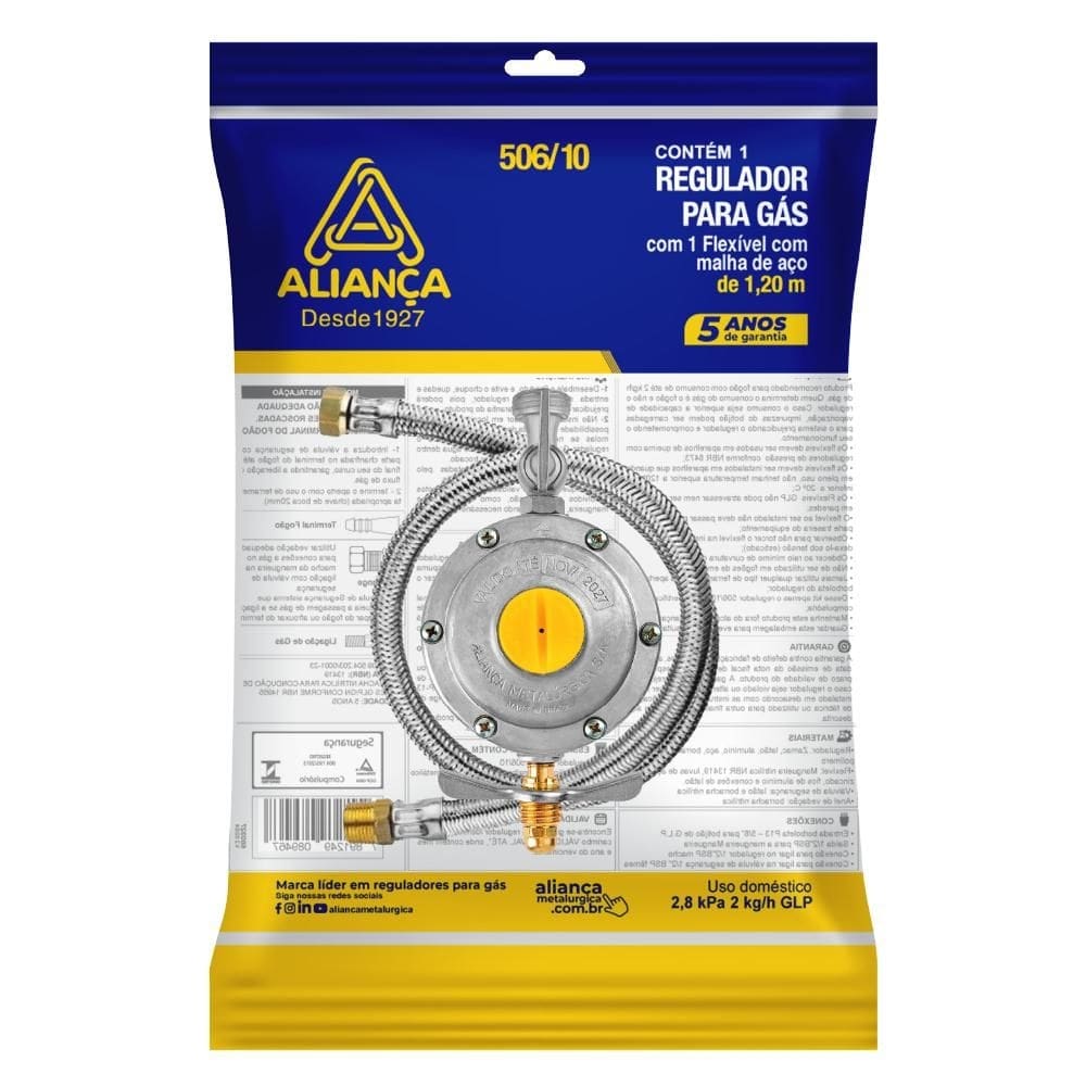 Regulador para Gas 506/10 com mangueira de malha metálica Aliança