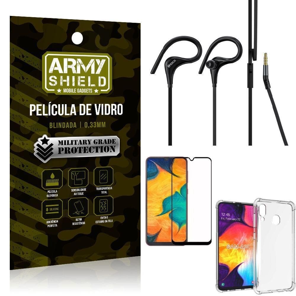 Kit fone sport hs92 + capa + película 3d samsung a30