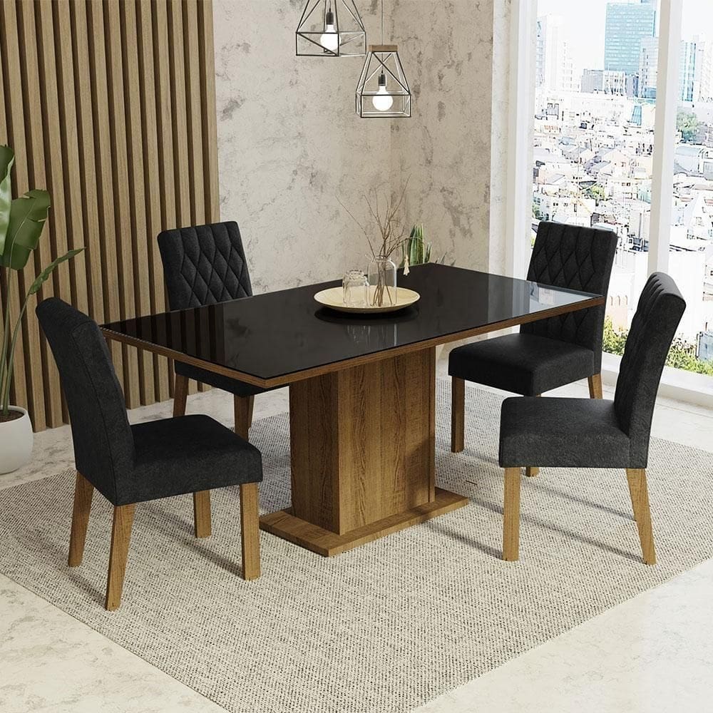 Sala De Jantar Mesa Tampo De Vidro 4 Cadeiras Rustic-preto-oxford Marilia Madesa Rustic-preto-oxford
