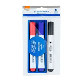 Kit Marcador Quadro Branco 3 Cores + Apagador Magnético c/ Depósito BRW