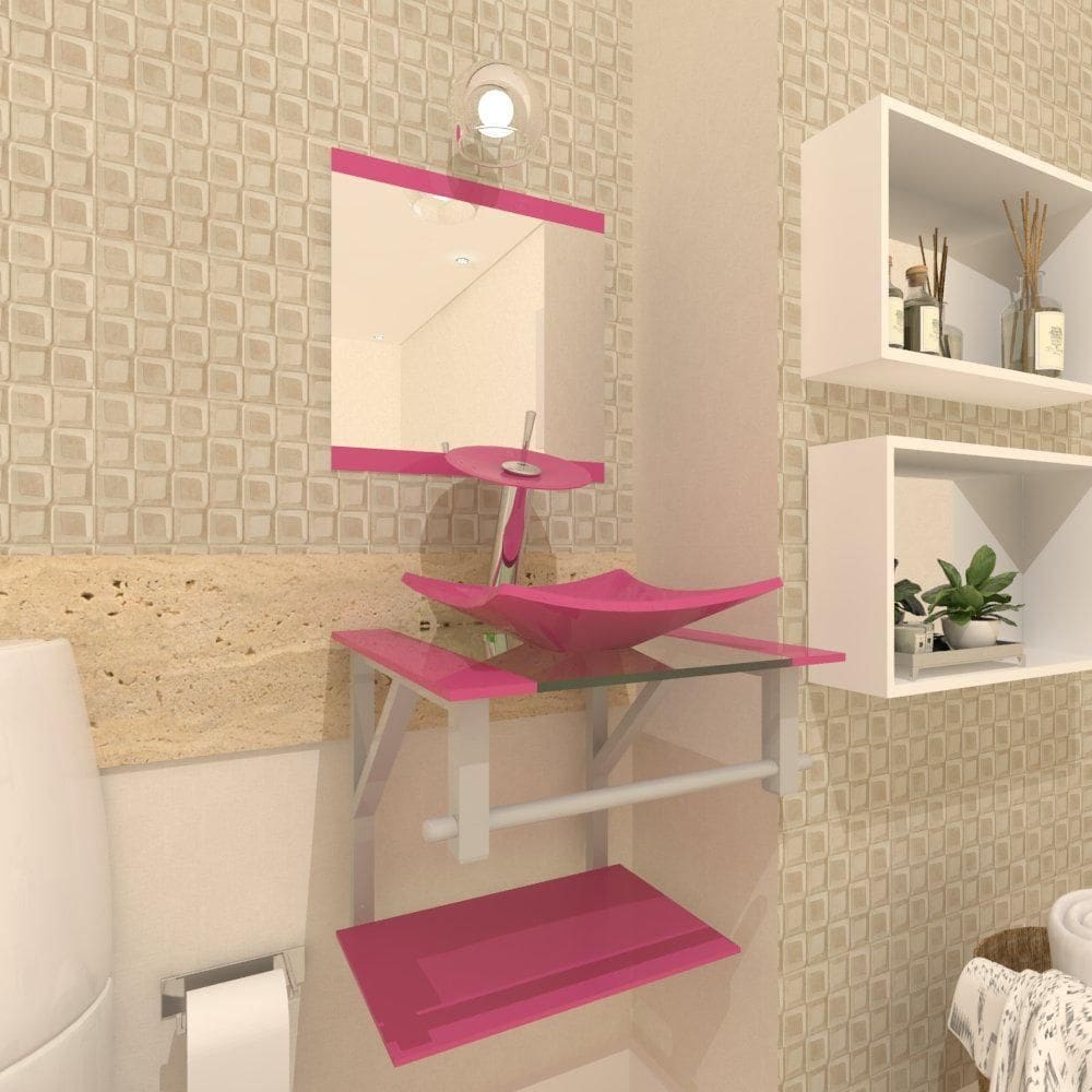 Gabinete de vidro para banheiro 40cm torneira cascata rosa
