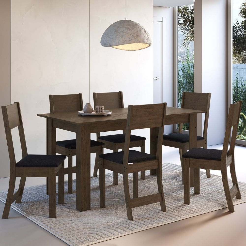 Conjunto Sala de Jantar 1 Mesa 6 Cadeiras Versalhes Noce/Off-White/Preto