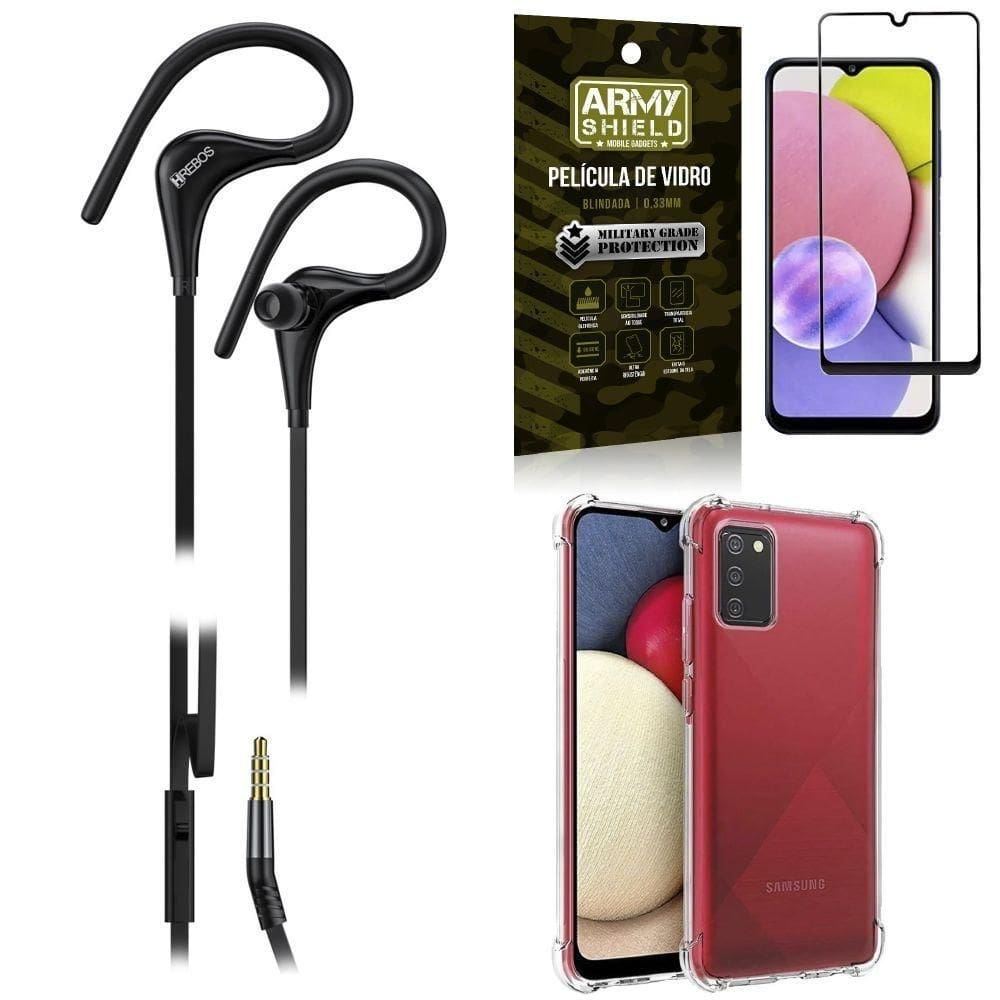 Capinha samsung a03s + fone sport hs92 + película 3d
