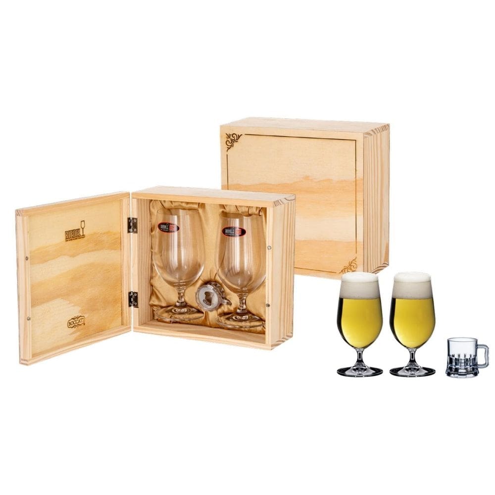 Kit Cerveja 2 Taças Riedel Beer + Abridor + Caixa em Madeira