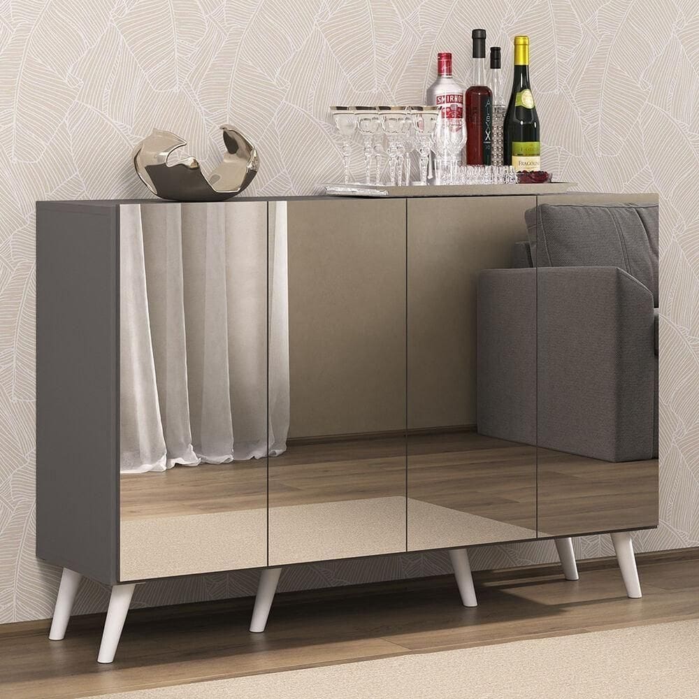 Aparador Buffet 4 Portas Com Espelho e Pés Grafite Branco