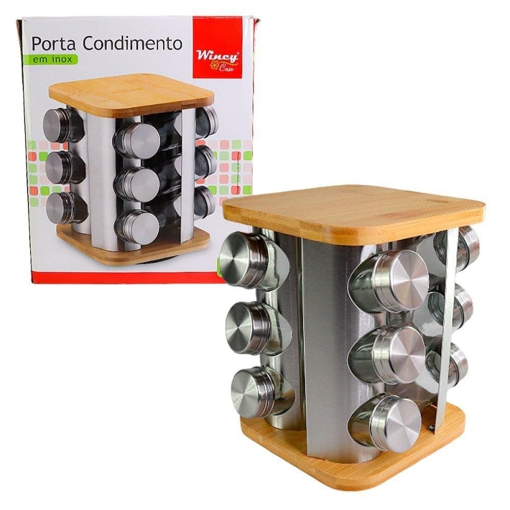 Porta Condimentos Giratório Inox Base De Bambu 12 Potes 90Ml