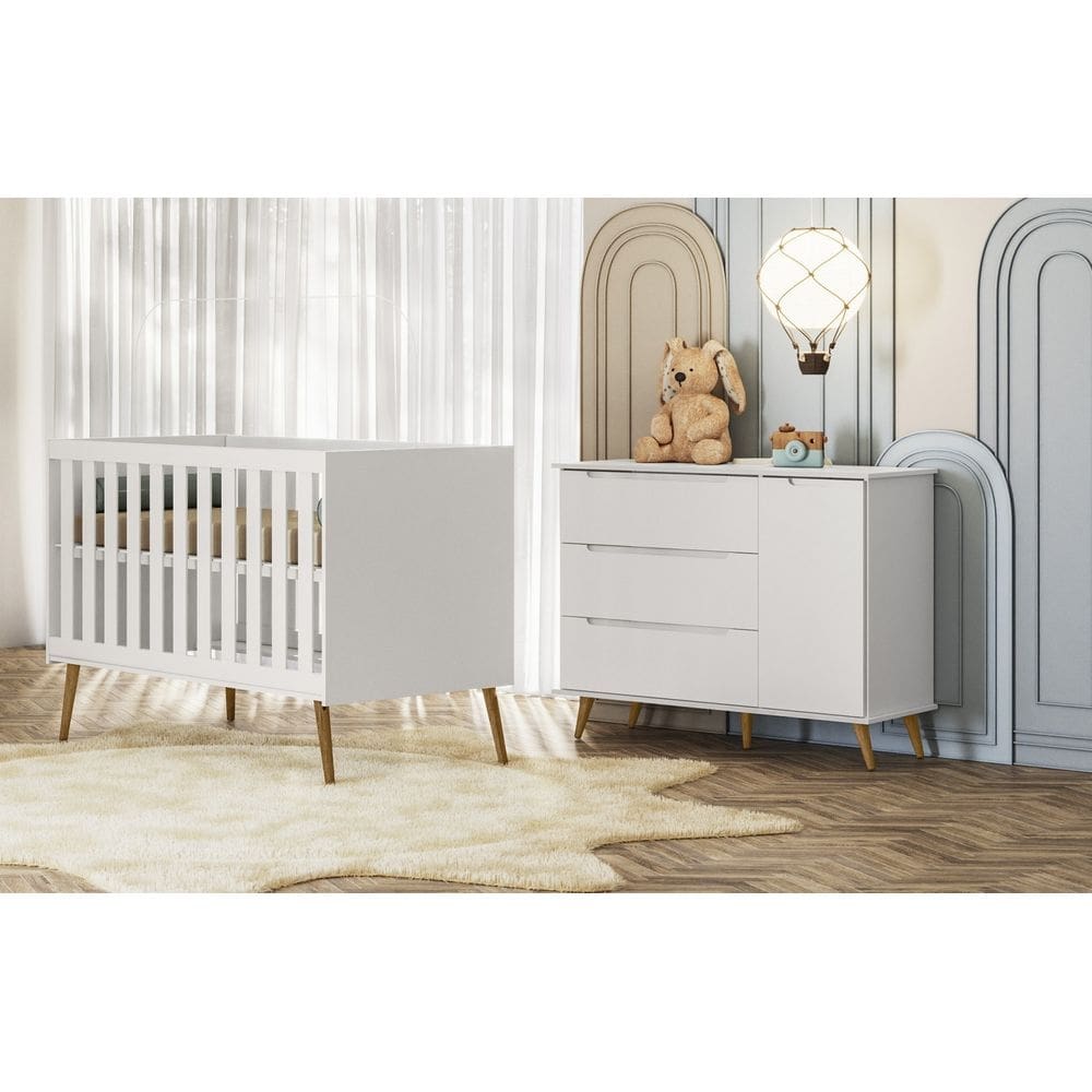 Quarto Infantil 100% MDF Retrô - Lunna Comoda + Berço-Branco