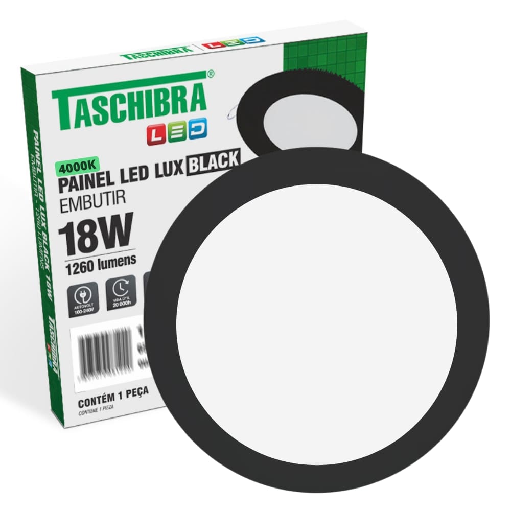Painel de Led Redondo Embutir 12W Preto Bivolt Taschibra 4000K Luz Neutra