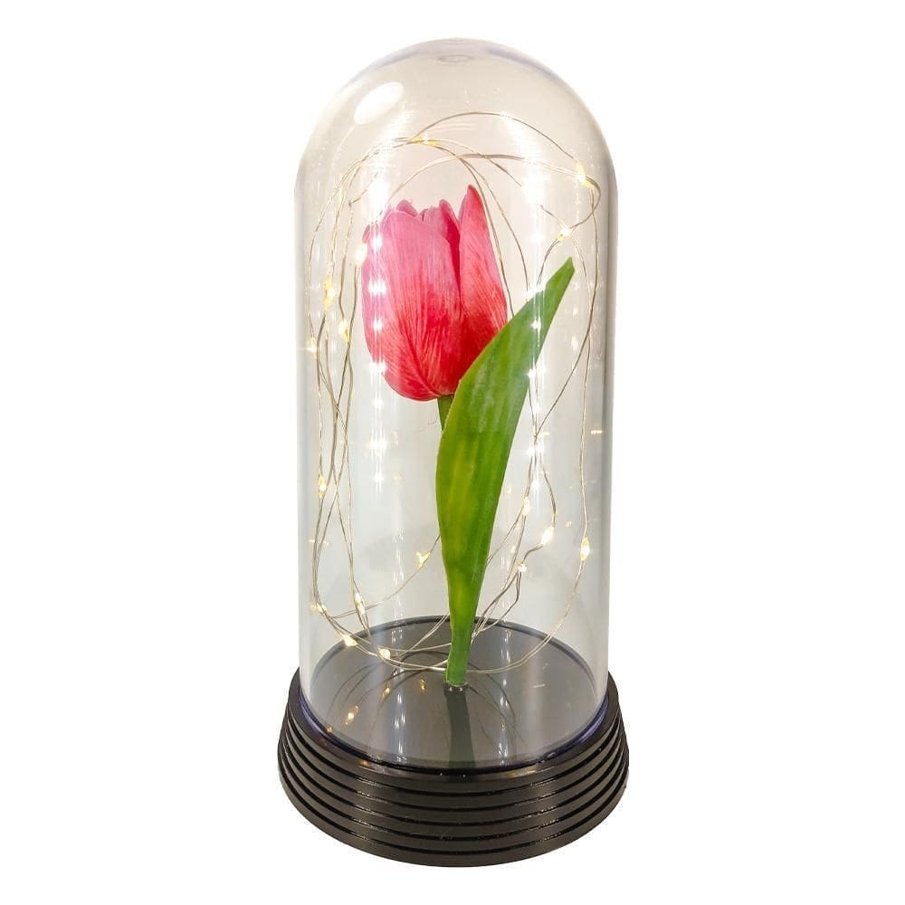Redoma com tulipa rosa inspirada no filme a bela e a fera