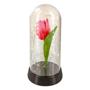 Redoma com tulipa rosa inspirada no filme a bela e a fera