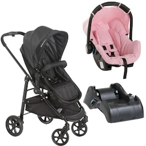 Carrinho olympus preto com bebê conforto grid rosa e base