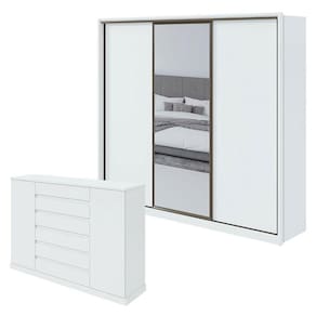 Guarda Roupa Spazio 270 com Espelho e Cômoda Vedra Branco Brilho - Lopas