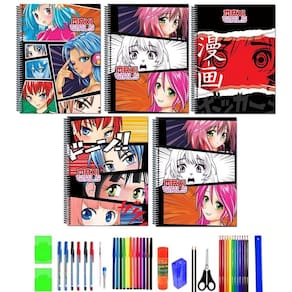 Kit 10 cadernos anime grande arame capa dura com 40 itens