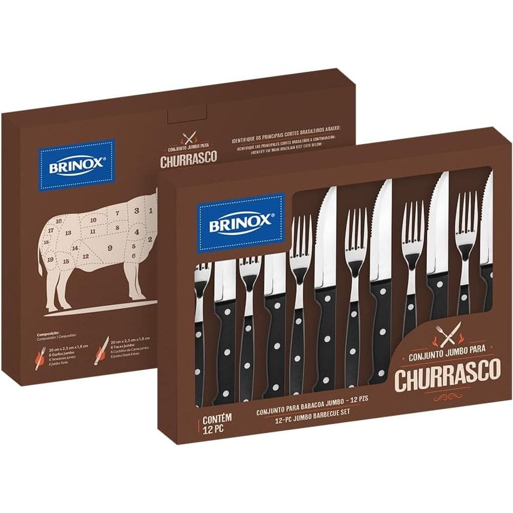 Kit Conjunto Talheres Churrasco Faca Garfo 12 Peças Brinox Jogo