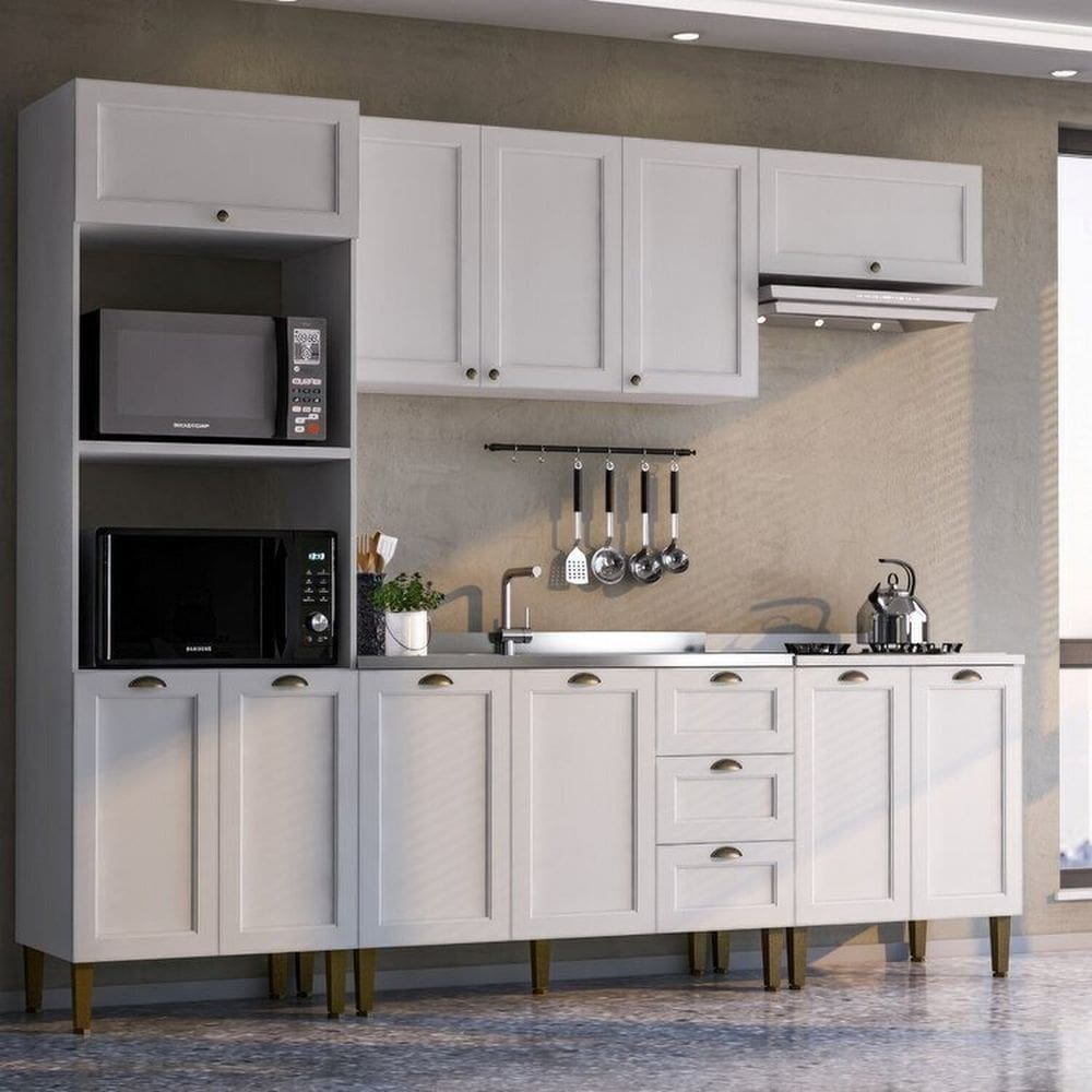 Cozinha Modulada 5 Peças 2 Aéreos 2 Balcões 1 Torre Quente Lavanda Branco
