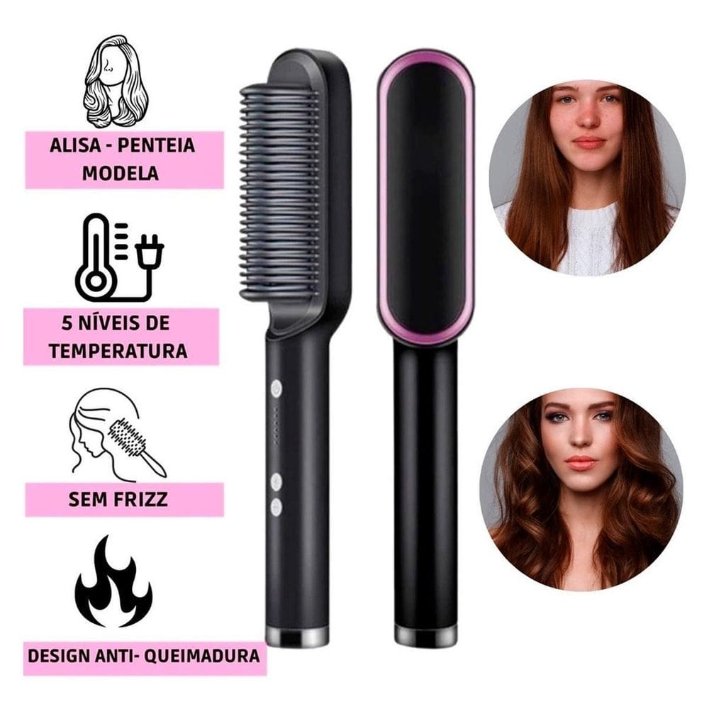 Escova 3 Em 1 Elétrica Secadora Alisadora Cabelo 110/220V