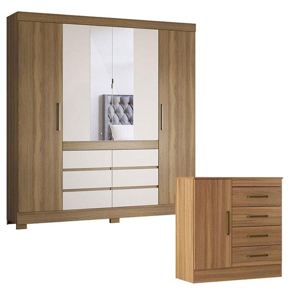 Cômoda Montevidéu e Guarda Roupa Casal Cádis Amêndola Off White - Demóbile