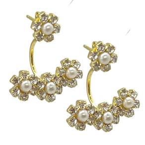Brinco folheado a ouro flor com pedras haste 3 flores cravejada