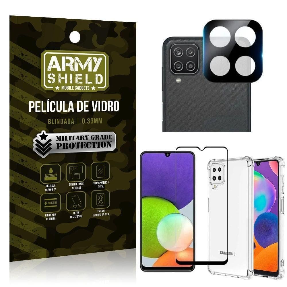 Capinha samsung a22 4g + película de câmera + película 3d