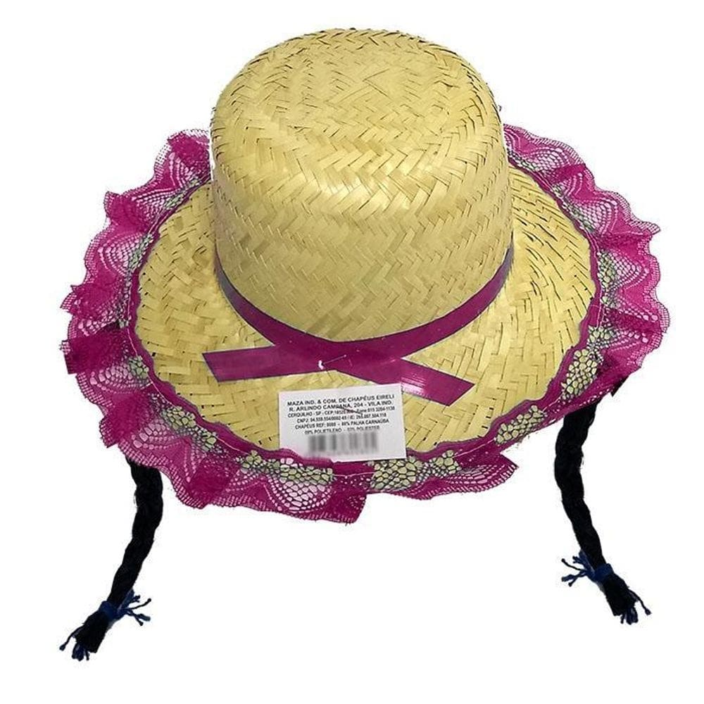 Chapéu palha caipira renda festa junina rosa 14cm x 25cm