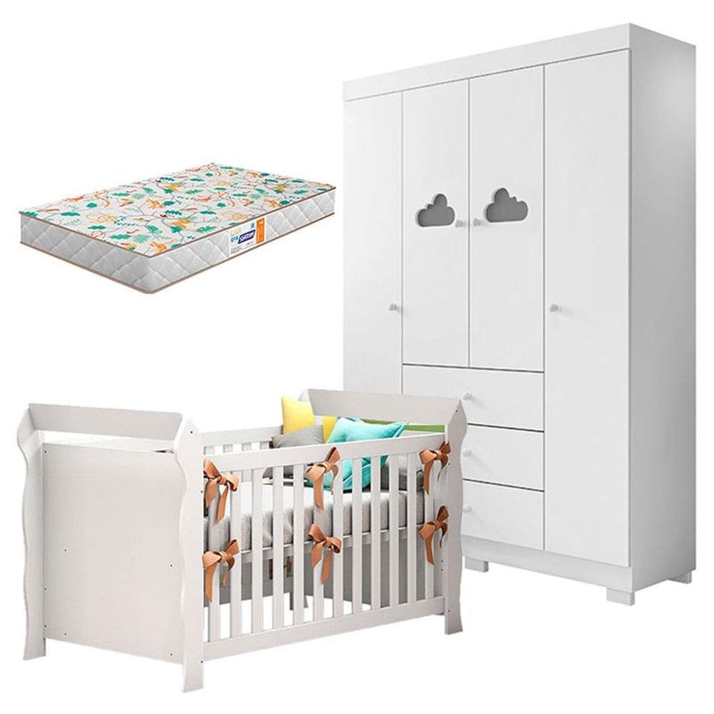 Berço Americano Lara e Guarda Roupa Infantil Ane Branco Brilho com Colchão Gazin – Phoenix Baby