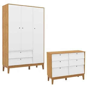 Cômoda 6 Gavetas e Guarda Roupa Unique 3 Portas Freijó Branco Soft Eco Wood - Matic