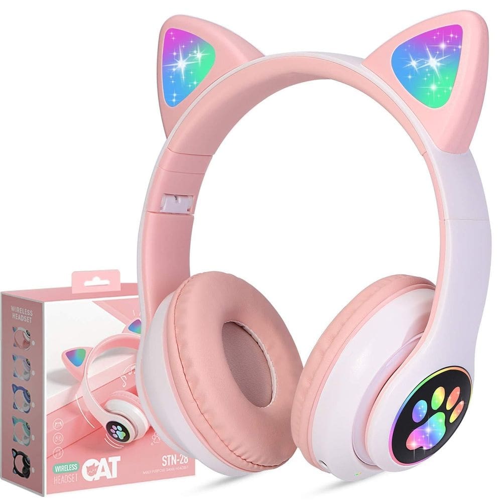 Fone ouvido bluetooth sem fio cat luz led rgb orelha de gato