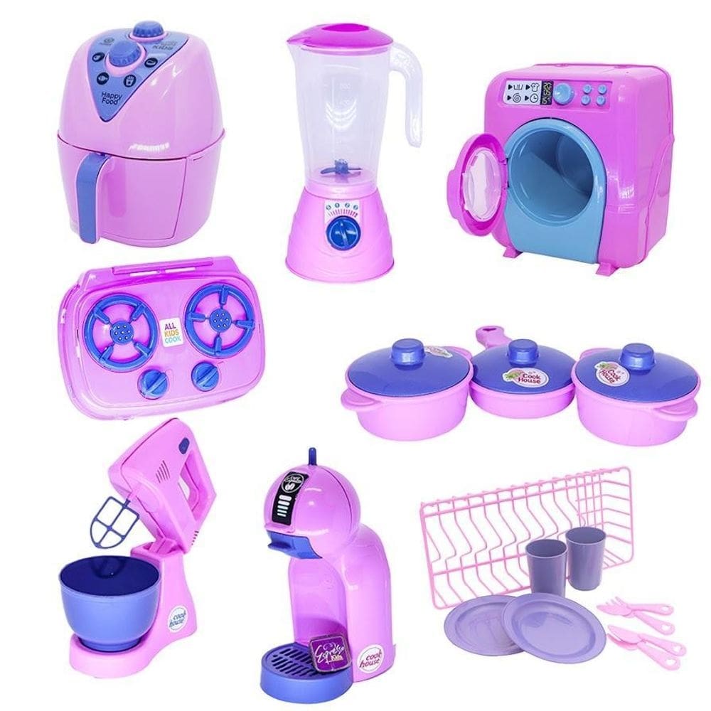 Kit cozinha infantil rosa air fryer panela fogão louça 19pç