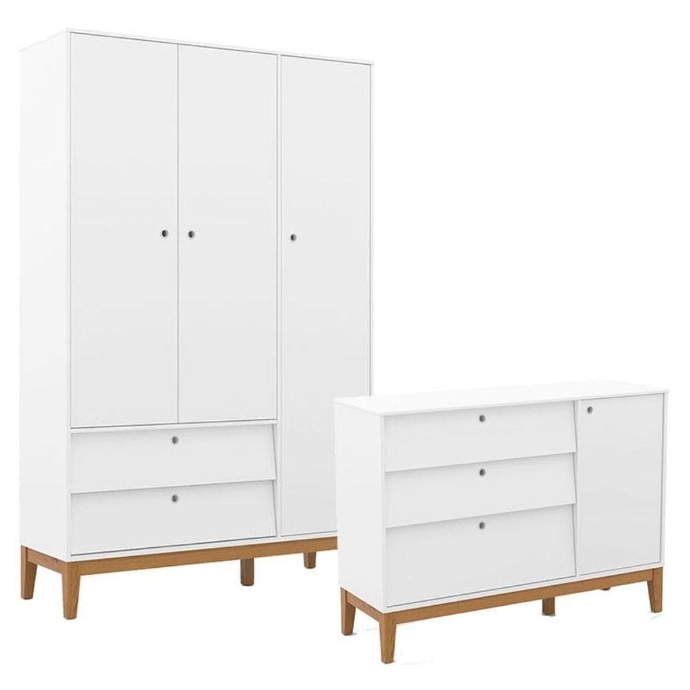 Cômoda Sapateira e Guarda Roupa Unique 3 Portas Branco Soft Eco Wood - Matic