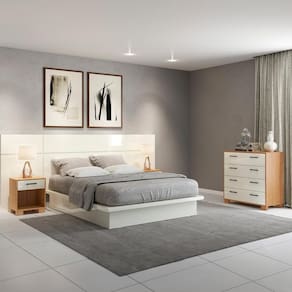 Conjunto para Quarto Base Cama com Cômoda e 2 Mesas de Cabeceira MDF Off White Dalla Costa