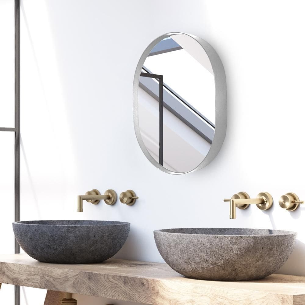 Espelho decorativo oval para banheiro moldura prata 50x40cm