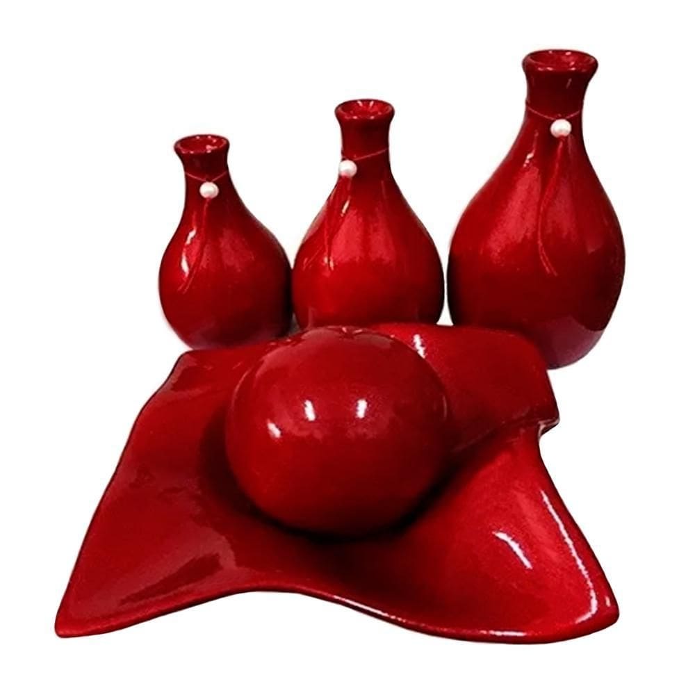 Vasos trio garrafas e centro de mesa cerâmica vermelho